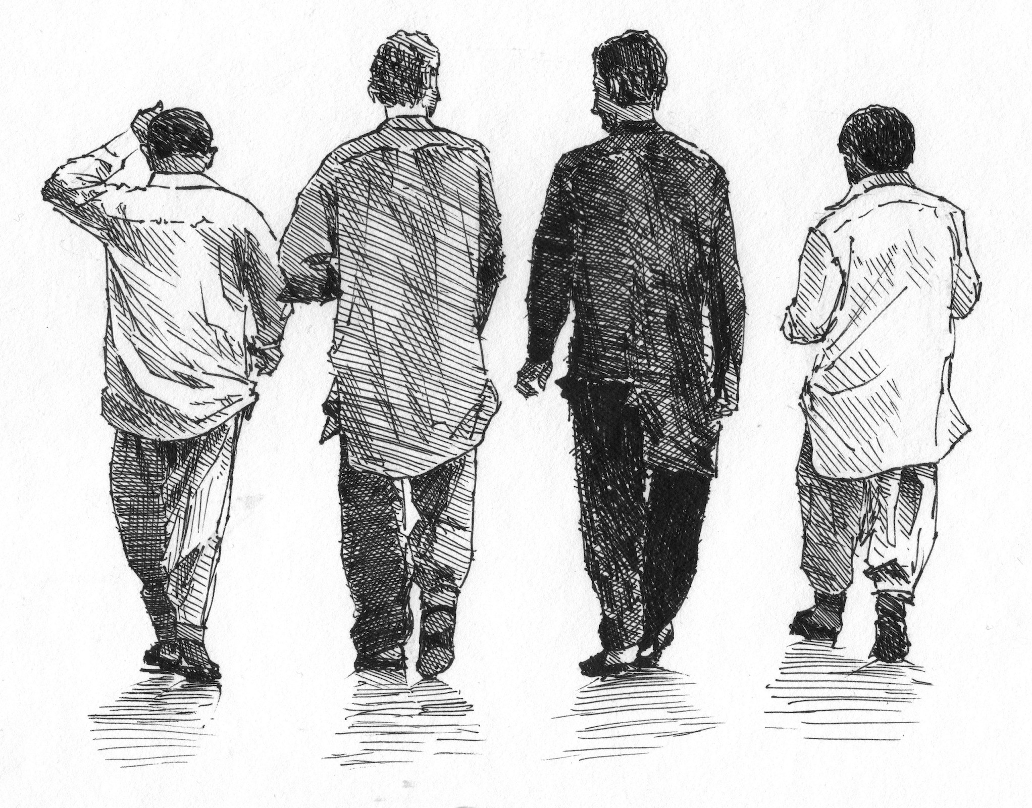 How to Sketch People book example - A sketch of a group of men from behind