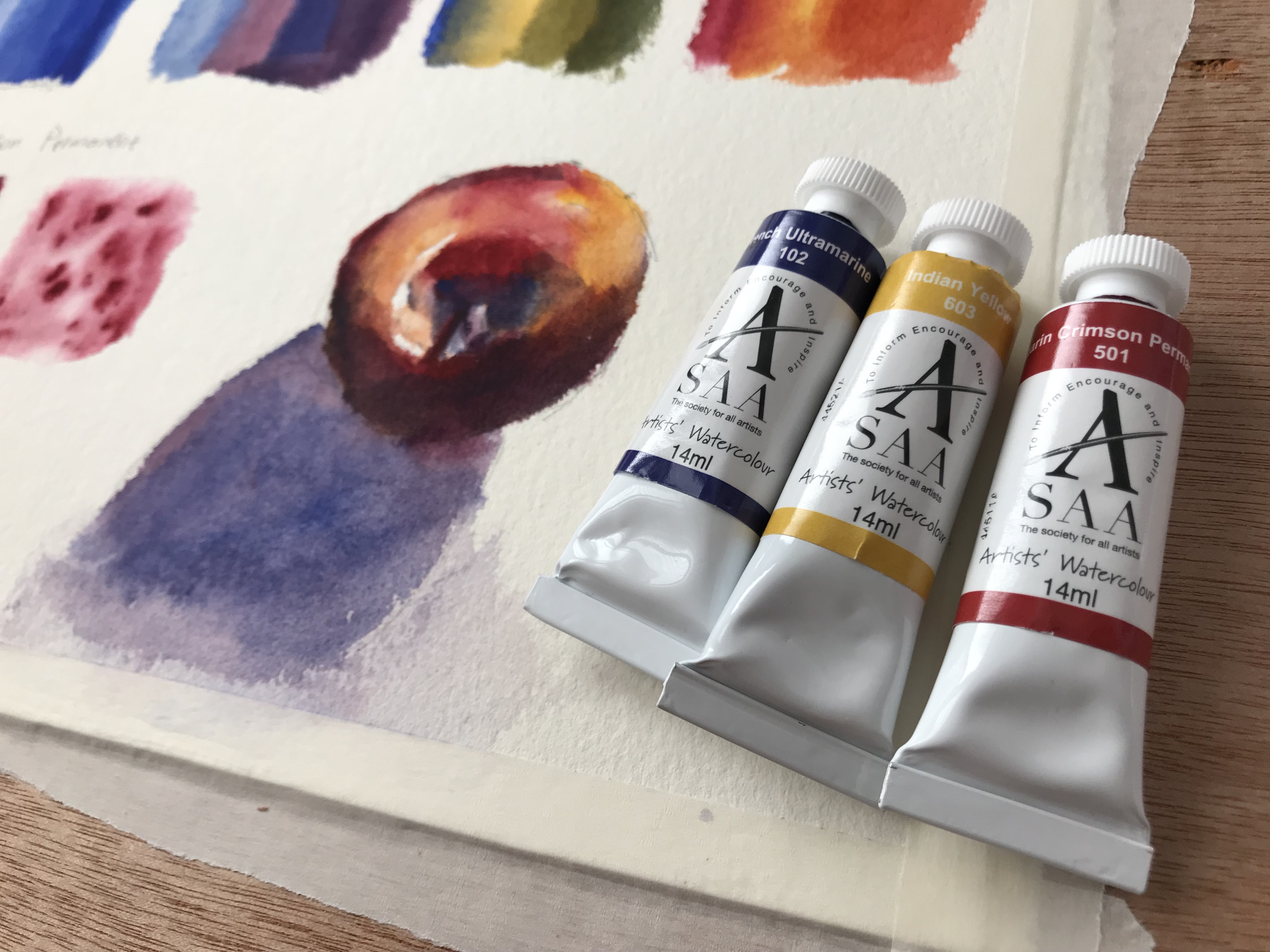 The three SAA watercolor paint tubes, next to the still-life painting