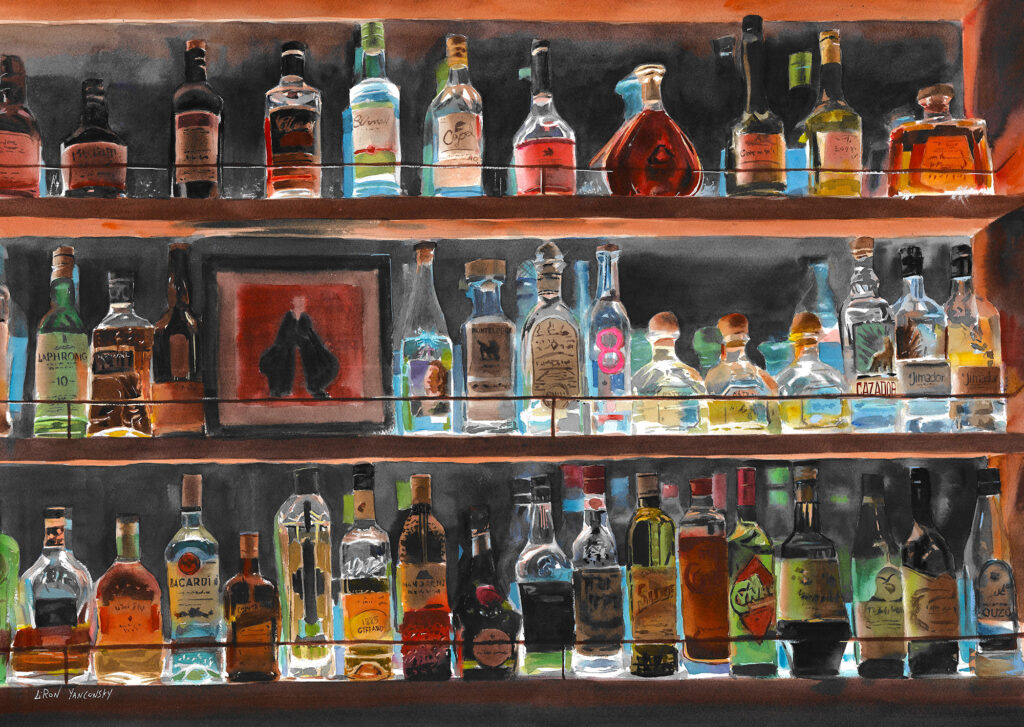 Large watercolor painting "Imperial Bar II", painted by artist Liron Yanconsky. It features a highly detailed bar shelves scene, featuring many bottles in a variety of colors and designs.